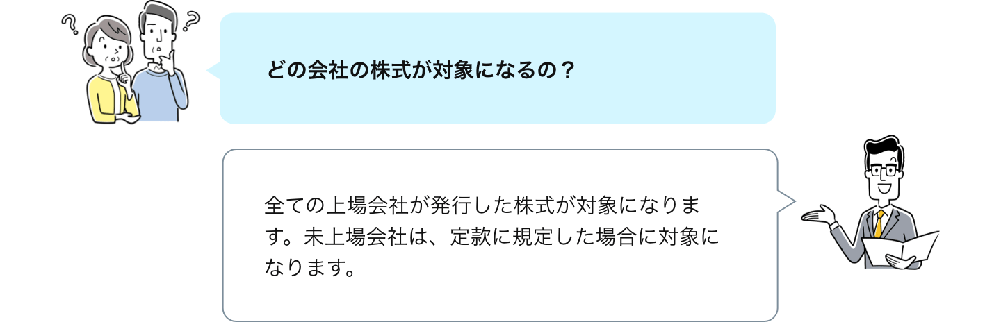 全ての上場会社が発行した株式が対象になります。未上場会社は、定款に規定した場合に対象になります。